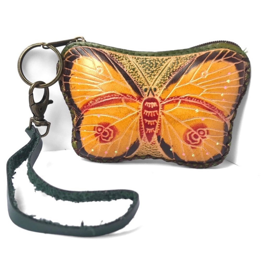 Hand-Painted Orange Butterfly Leather Wristlet Clutch